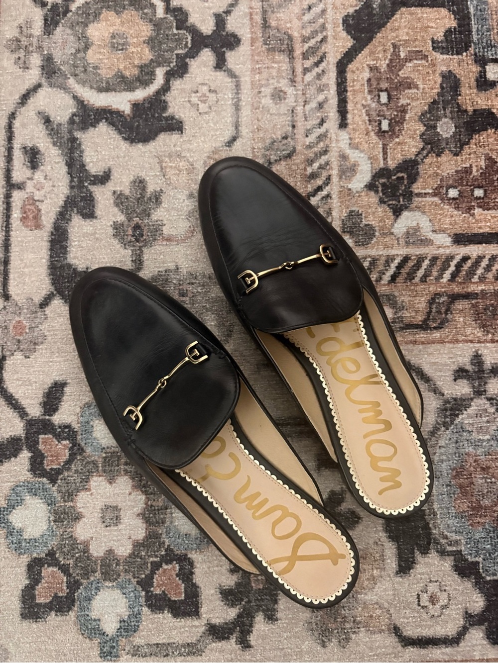 Sam Edelman Black Leather Mule Loafers with Gold Horsebit
